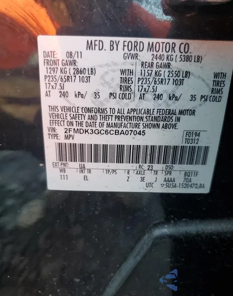 2012 Ford Edge Se из США, поврежденный, VIN 2FMDK3GC6CBA07045